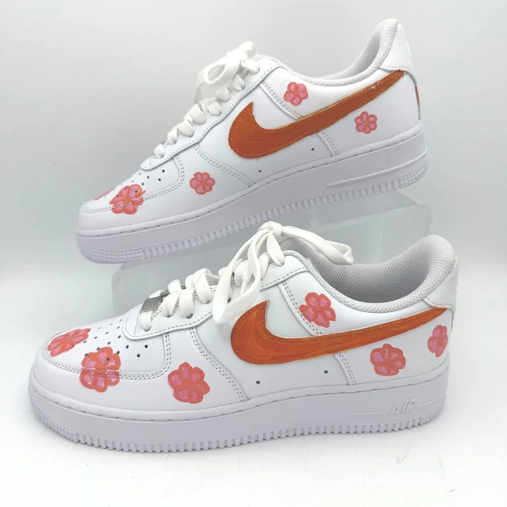 Nike Air Force‎ 1 Low Custom Floral Hand Painted White Orange Pink Sneakers